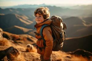 adorable pequeño chico con mochila excursionismo en montañas a puesta de sol. viaje y activo estilo de vida concepto ai generado foto