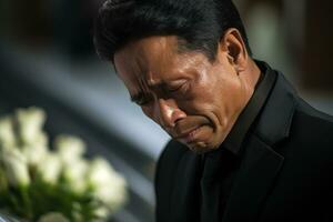 mayor asiático hombre con funeral dolor y flores en Iglesia ai generado foto