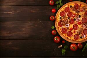 Pepperoni pizza on a Dark background. Top view with copy space. AI generated photo