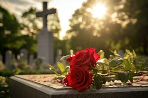 Red roses on a grave at a cemetery during the sunset with copy space AI generated photo