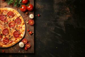 Pepperoni pizza on a Dark background. Top view with copy space. AI generated photo