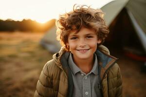 Portrait of a cute boy looking at camera while near his tent in nature AI generated photo