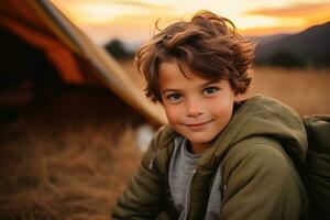 Portrait of a cute boy looking at camera while near his tent in nature AI generated photo