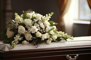 White coffin with flowers. The concept of funeral. AI generated photo