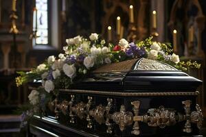 closeup shot of a casket in a hearse or chapel before funeral or burial at cemetery AI generated photo