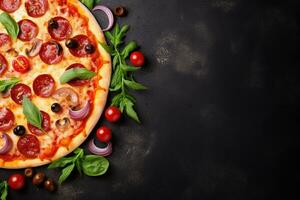 Pepperoni pizza on a Dark background. Top view with copy space. AI generated photo