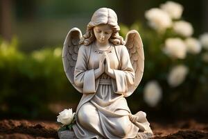 Angel statue with white roses in the cemetery.Religious background AI generated photo