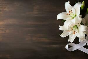 White lily flowers on wooden background. Top view with copy space.Funeral Concept AI generated photo