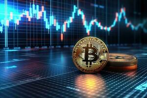 Golden Bitcoin on the background of the stock market chart. Cryptocurrency concept. AI generated photo