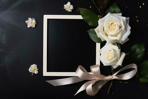 White roses with ribbon and photo frame on black background.Funeral Concept AI generated