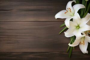 White lily flowers on wooden background. Top view with copy space.Funeral Concept AI generated photo