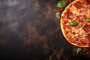 Pepperoni pizza on a Dark background. Top view with copy space. AI generated photo