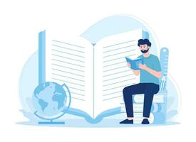 un hombre leyendo un libro en el mundo de global educación concepto plano ilustración vector