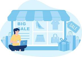 A woman shops online using a laptop concept flat illustration vector