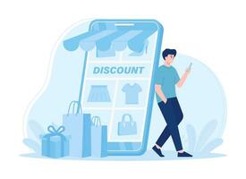 Man is shopping online using a cellphone concept flat illustration vector