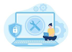 Repair services with technical and laptop support technicians concept flat illustration vector