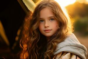 Portrait of cute little girl at camera while standing near camping tent at sunset AI generated photo