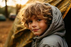 Portrait of a cute boy looking at camera while near his tent in nature AI generated photo