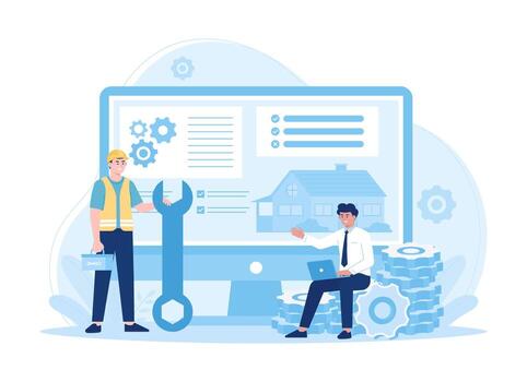 An architect consults on the structure of the building to workers concept flat illustration vector