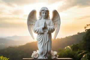 Angel statue with sunrise in the background, religion and spirituality concept. AI generated photo