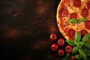 Pepperoni pizza on a Dark background. Top view with copy space. AI generated photo