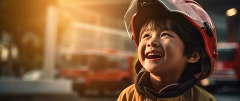 retrato de contento asiático chico vistiendo bombero uniforme con fuego camión en antecedentes ai generado foto