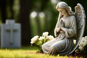 Angel statue with white roses in the cemetery.Religious background AI generated photo