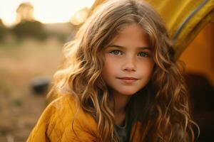 Portrait of cute little girl at camera while standing near camping tent at sunset AI generated photo