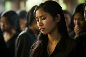 Asian woman in mourning at a funeral, shallow depth of field.Funeral Concept AI generated photo