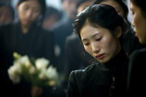 Asian woman in mourning at a funeral, shallow depth of field.Funeral Concept AI generated photo