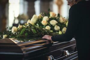 Closeup of a woman's hand placing a bouquet of white roses in a coffin.Funeral Concept AI generated photo