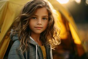 retrato de linda pequeño niña a cámara mientras en pie cerca cámping tienda a puesta de sol ai generado foto