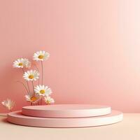 Empty round pink stage for product. Podium, pedestal, place for product demonstration, platform. Minimal style, pastel colors photo