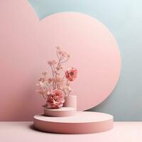 Empty round pink stage for product. Podium, pedestal, place for product demonstration, platform. Minimal style, pastel colors photo