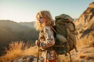 pequeño niña con mochila excursionismo en montaña pico a atardecer, viaje y aventuras concepto ai generado foto