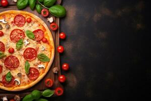 Pepperoni pizza on a Dark background. Top view with copy space. AI generated photo