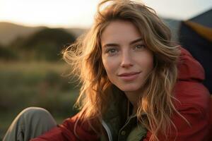 Portrait of girl looking at camera while near camping tent at sunset AI generated photo