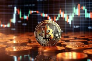 Golden Bitcoin on the background of the stock market chart. Cryptocurrency concept. AI generated photo