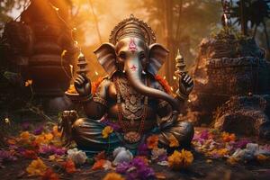 Hindu God Ganesha with flowers AI generated photo