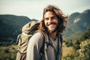 hipster viajero con mochila sentado en parte superior de un montaña y mirando a el valle. ai generado foto