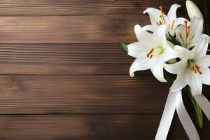 White lily flowers on wooden background. Top view with copy space.Funeral Concept AI generated photo