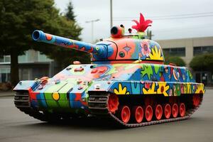 A peace tank with a colorful flower painting.AI generative photo