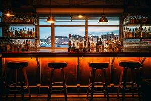 A beautiful bar in dark light with a stunning view.AI Generative photo