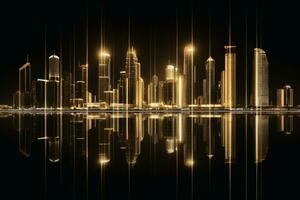 A skyline of a big city in the night with water reflections. AI generative photo