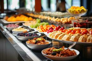 un sabroso desayuno buffet en un hotel.ai generativo foto