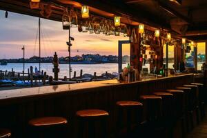 A beautiful bar in dark light with a stunning view.AI Generative photo