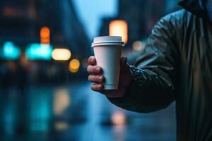persona con un uno camino café taza en uno mano. ai generativo foto