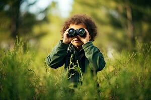 Little boy looking through binoculars in the park. Kid exploring nature.  Generative AI photo