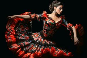 un atractivo flamenco bailarín en un elaborar vestido.ai generativo foto