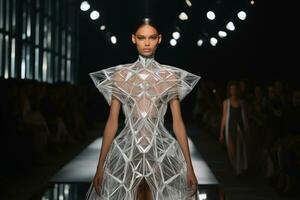 A model on a runway wearing an elegant dress made of diamonds.AI Generative photo